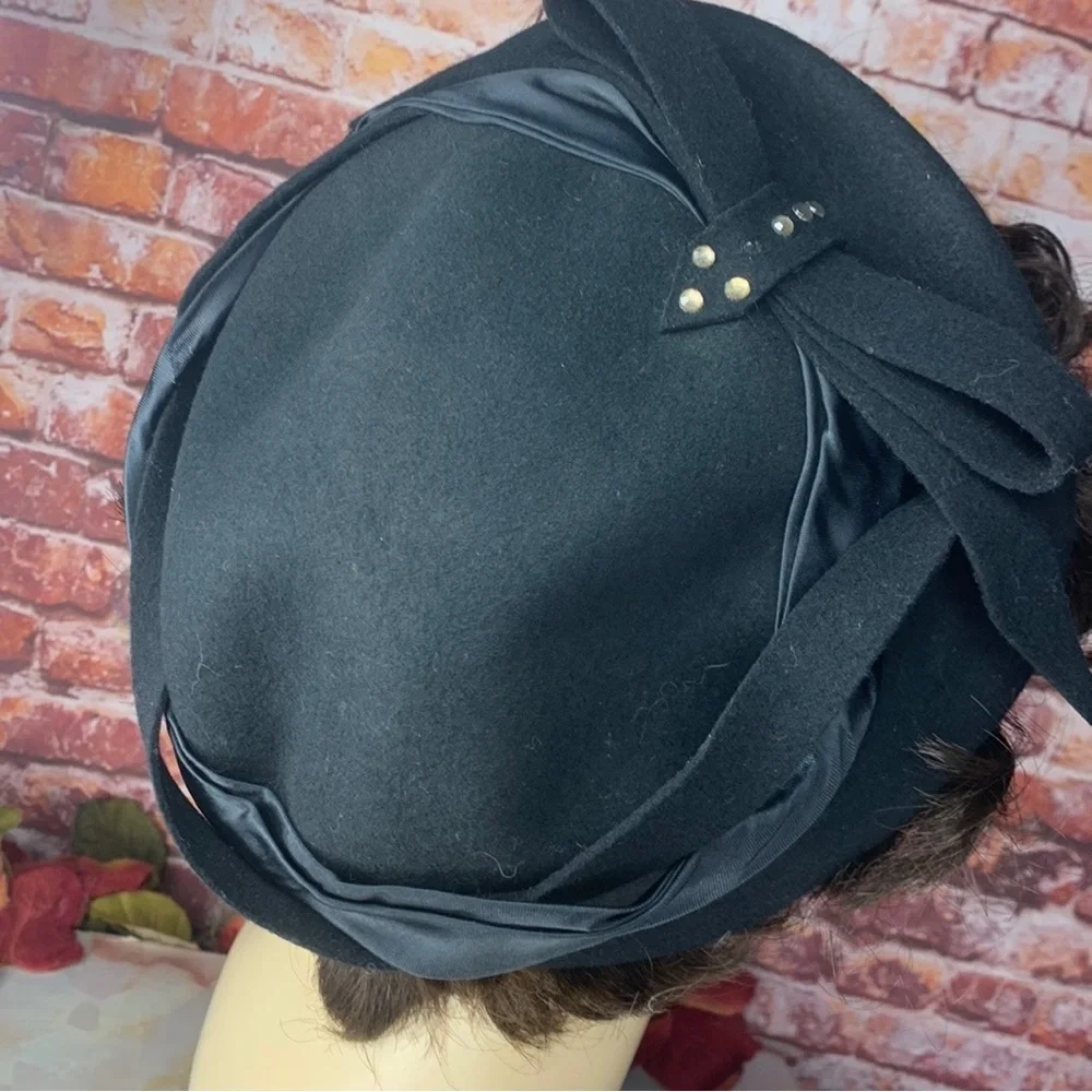 Vintage 40s Glenover Henry Pollack Tilt Felt Black Wool Felt Rhinestone …